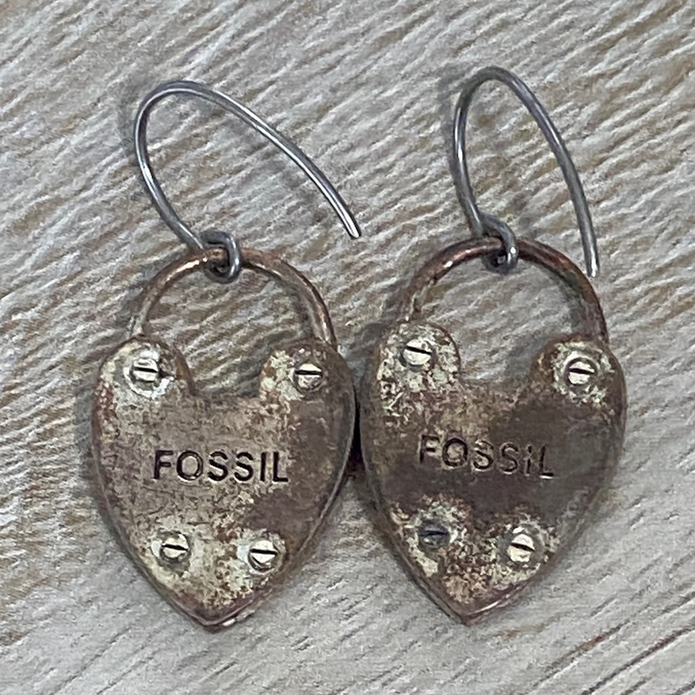 Fossil Heart PadLock Keyhole Earrings Edgy Antiqued Style - Picture 9 of 9